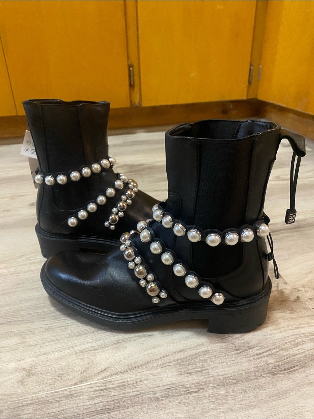 Zara Black Ankle Boots with Silver Pearl & Stud Straps - Picture 9 of 16